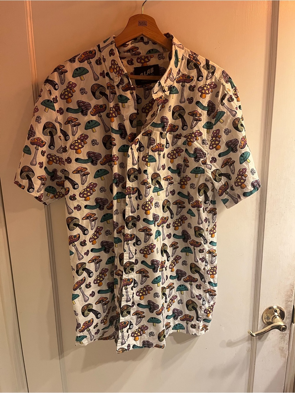 Short-Sleeve White Button-Down Shirt with Colorful Mushroom Print